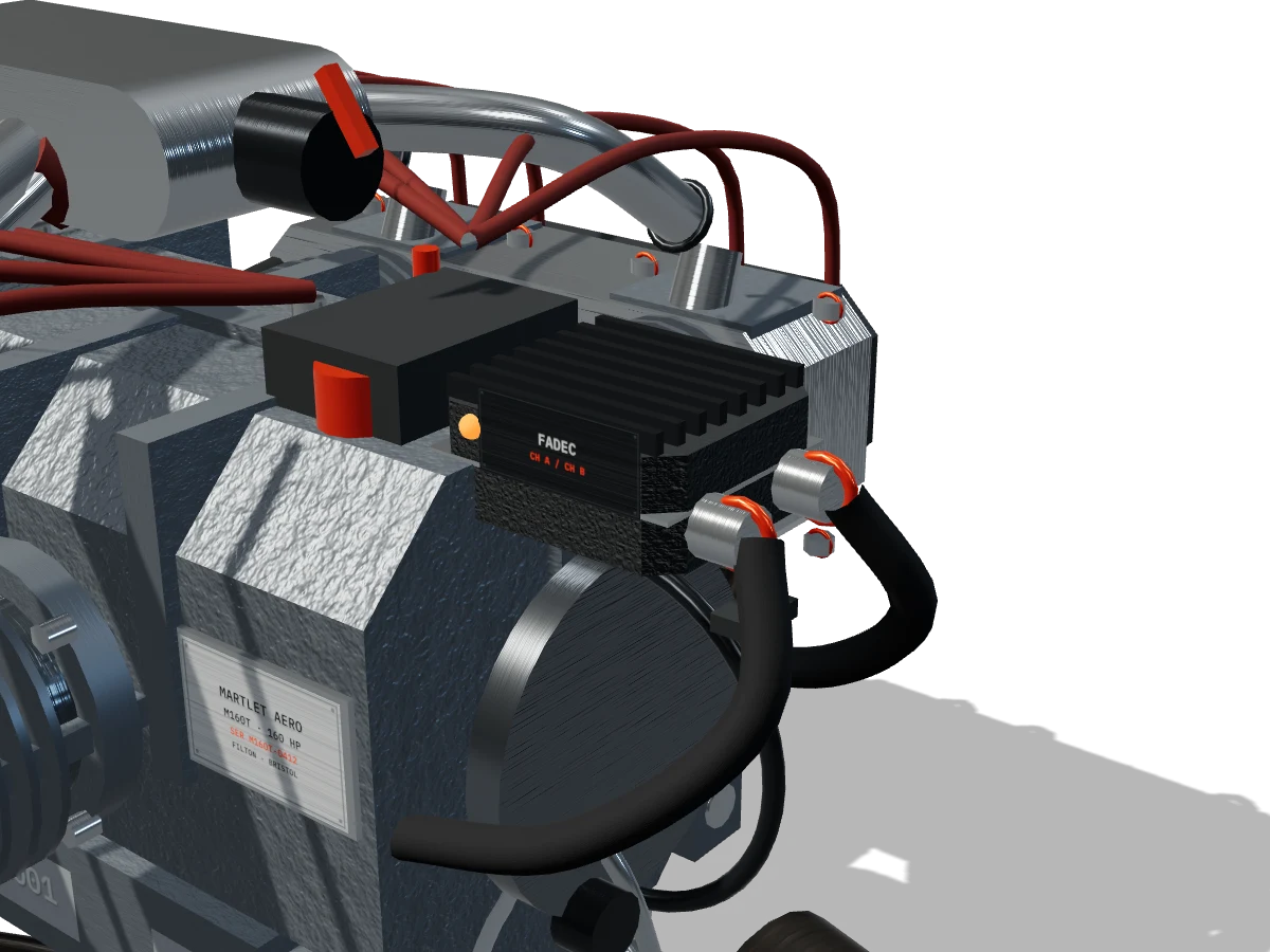 Close on the FADEC: heatsink fins, the channel A / channel B label and anodised connector collars