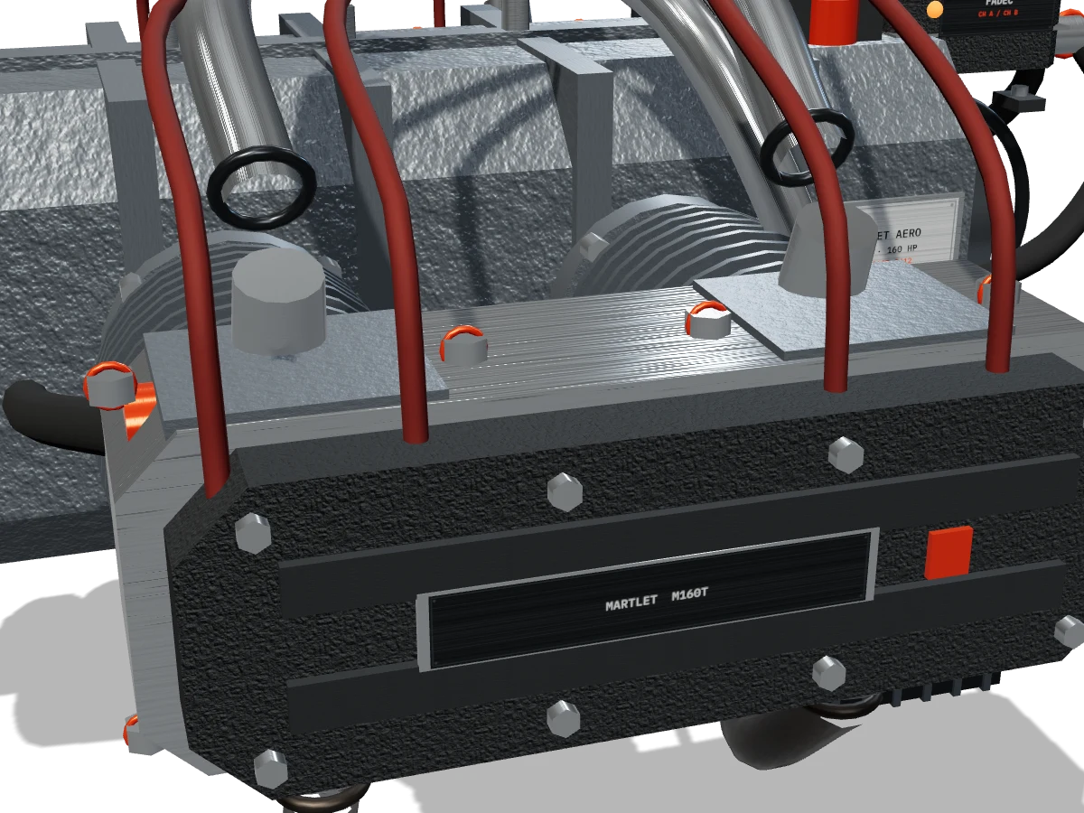 Close on a cylinder head: safety-wired stud nuts, the MARTLET M160T cover badge and the twin plug leads