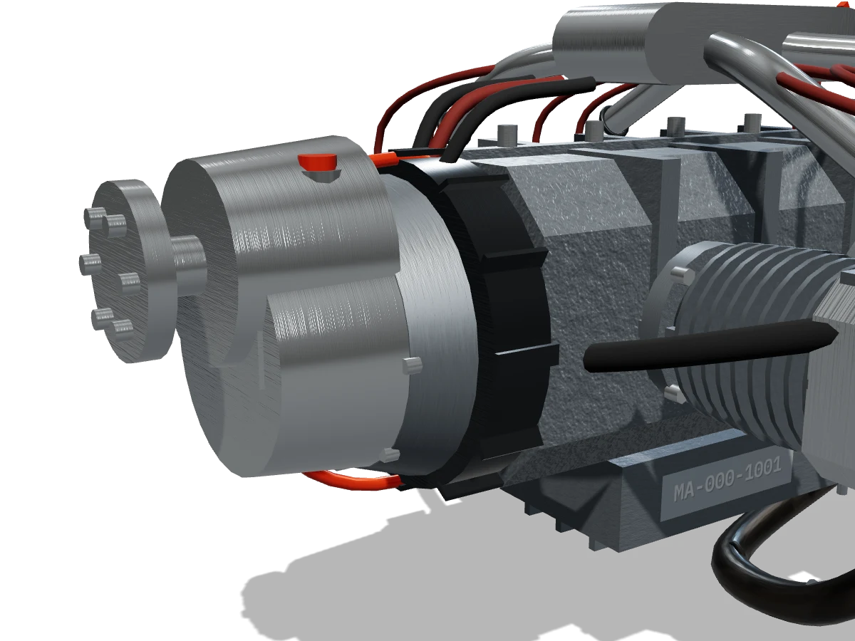 Close on the axial-flux starter-generator: finned stator ring, orange retaining band and three-phase conduit