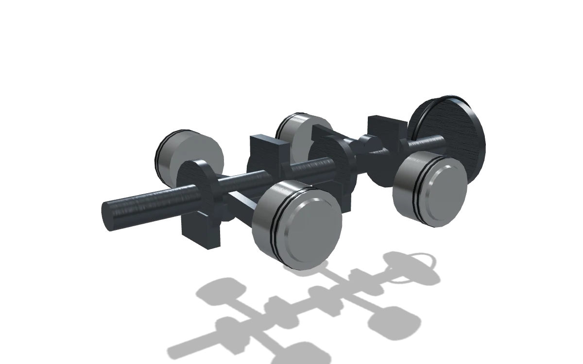 Crankshaft assembly: forged crank, counterweights, I-beam rods, pistons and the starter ring gear