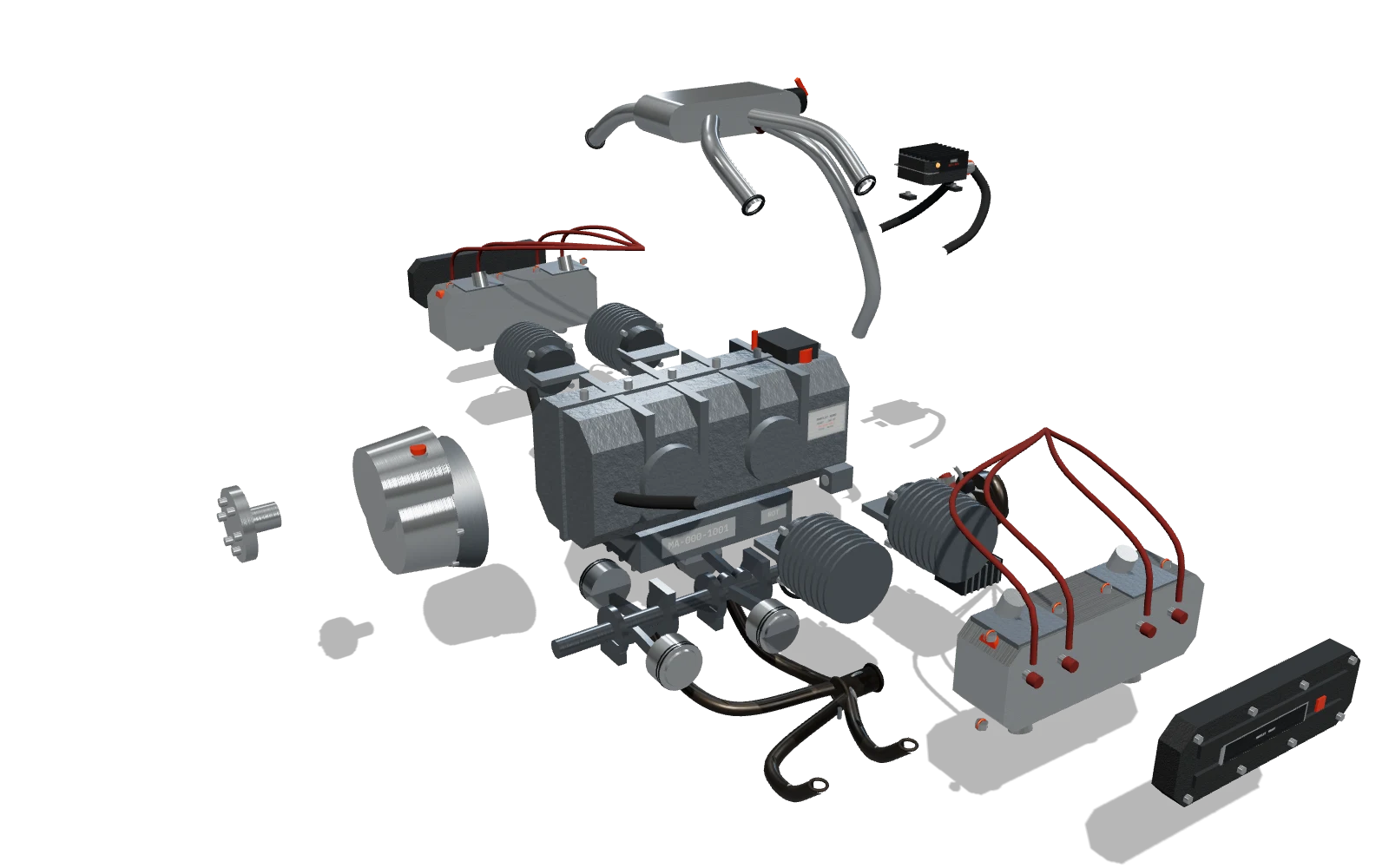 M160T pulled apart along the crank axis, every part group fanned out in build order
